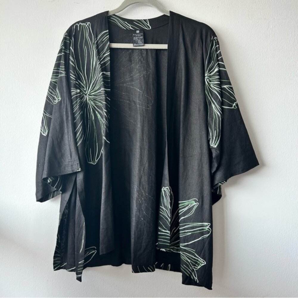 Kaliyana Linen blend Kimono with Green Floral Design